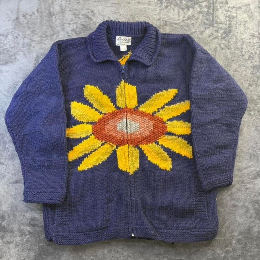 Naniu Tania Creations Zip Cardigan Womens Large Navy Sunflower 100% Wool